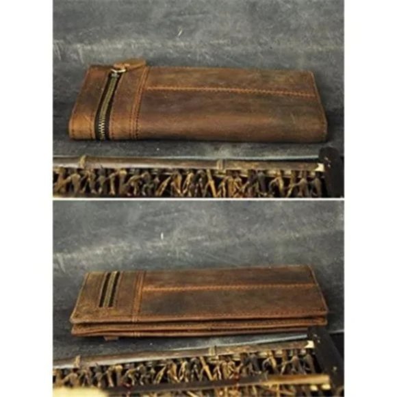NEW MENS Real Leather Zipper Long Wallet Brown - Picture 5 of 8